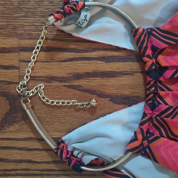 Eliza J Artsy Geometric Print Halter Metallic Necklace Collar Maxi Dress Sz 14 - Picture 3 of 10